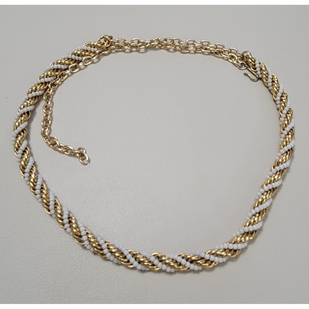 Vintage LES BERNARD Adjustable To 26" Gold Tone White Seed Bead Twist Necklace